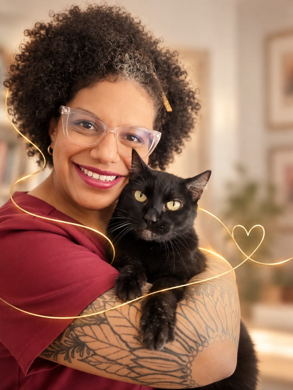 Debee Paulino sorrindo, abraçada a um gato preto