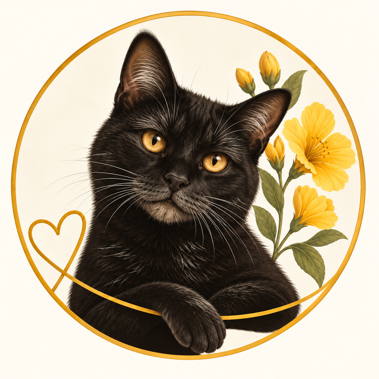 Ilustração do Sr. Maruge, gato preto idoso de olhos âmbar, em moldura circular dourada com flores amarelas