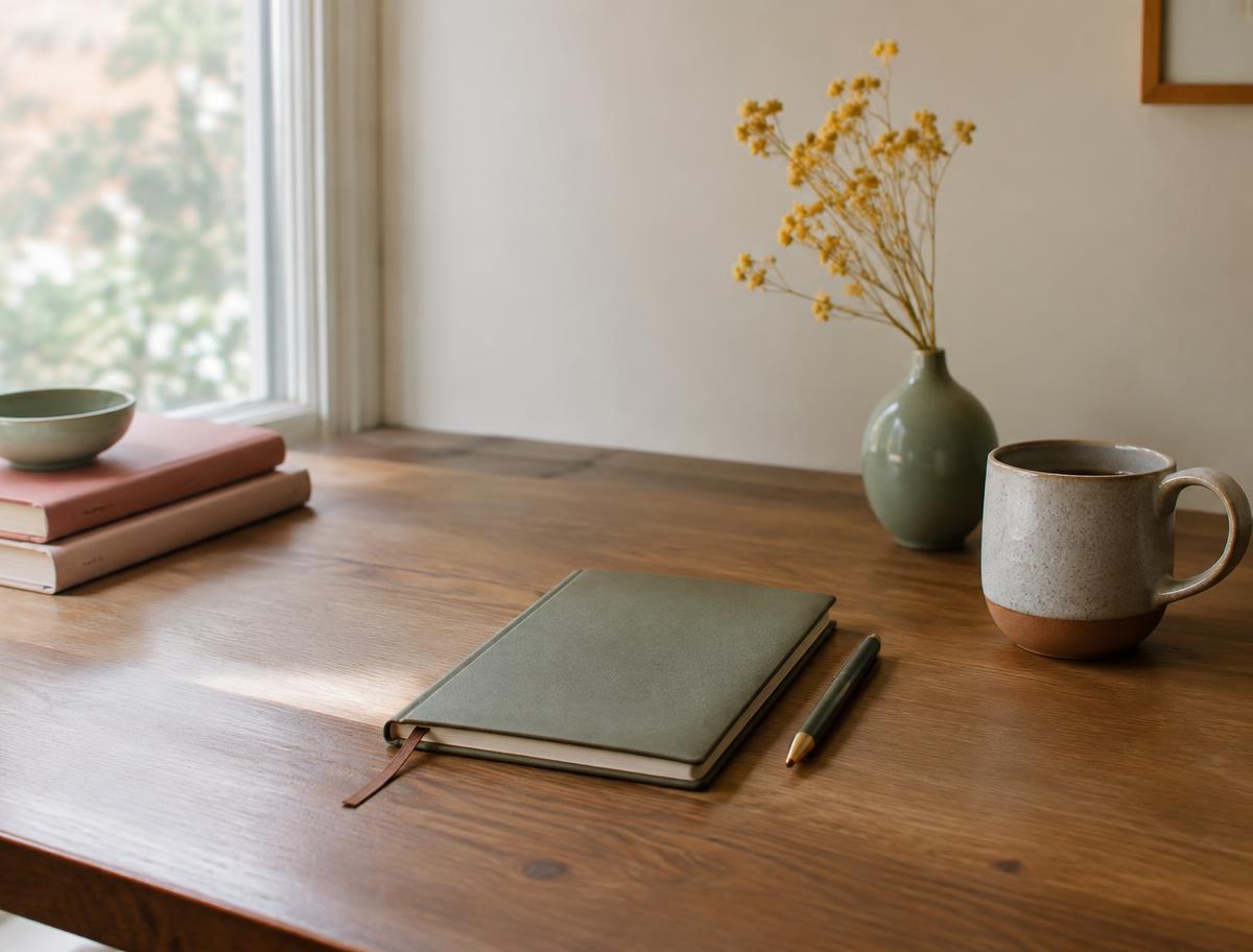 Mesa de madeira com caderno, caneta, xícara e flores secas amarelas, iluminada por luz natural