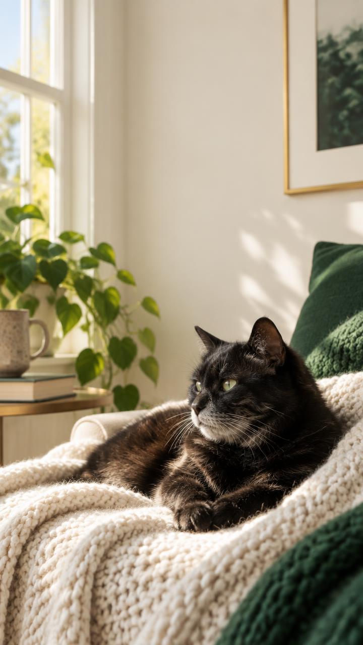 Capa do vídeo: gato preto idoso descansando em uma manta clara sob luz natural